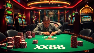 Experience electrifying gameplay at XX88's luxurious casino with poker chips and a roulette wheel.