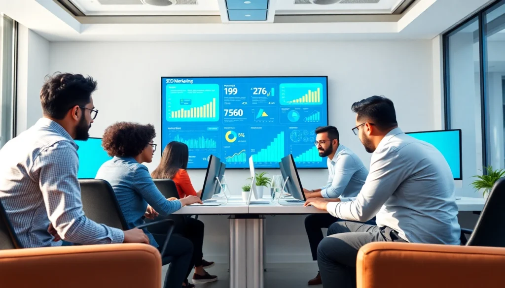 Collaborative team strategizing SEO techniques in a modern workspace