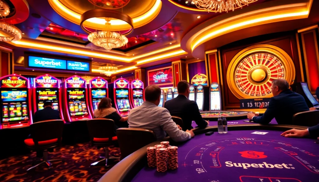 Superbet branded poker table action with vibrant slots and an exciting casino atmosphere.