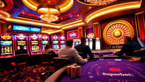 Superbet branded poker table action with vibrant slots and an exciting casino atmosphere.