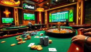 Players engaging in thrilling games at Thabet's luxurious casino, showcasing poker chips and roulette actions.