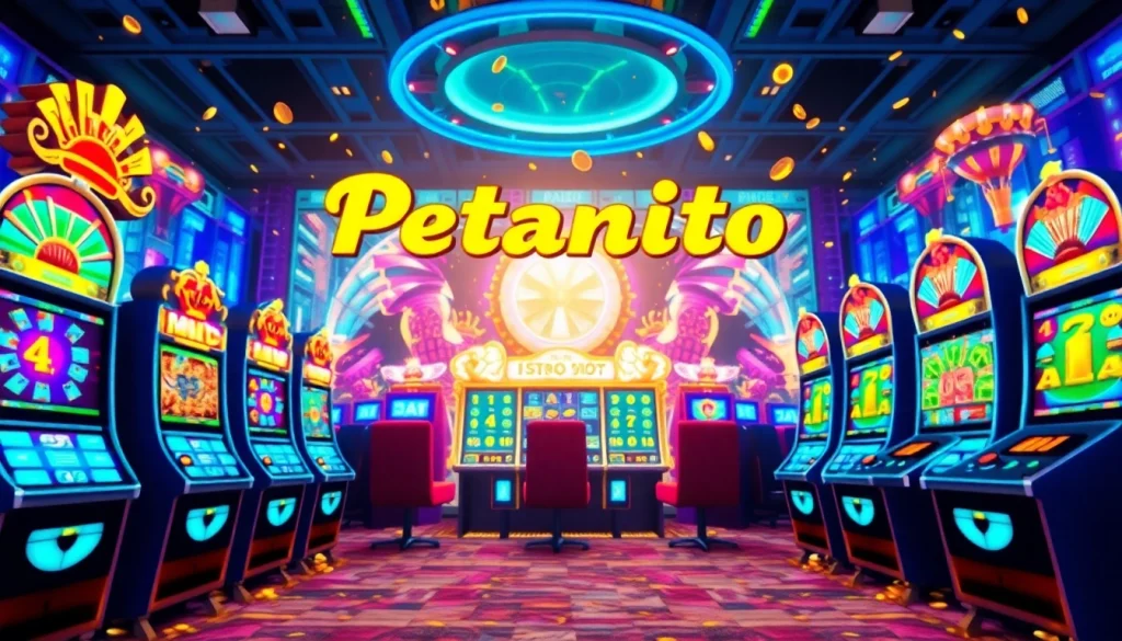 Menggambarkan suasana bermain petanitoto yang ramai dengan mesin slot dan suasana kemenangan.