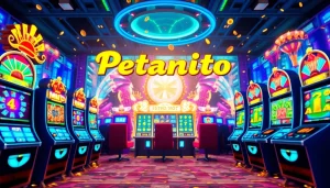 Menggambarkan suasana bermain petanitoto yang ramai dengan mesin slot dan suasana kemenangan.