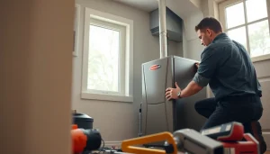 Technician installing an american standard furnace in a modern home setting.