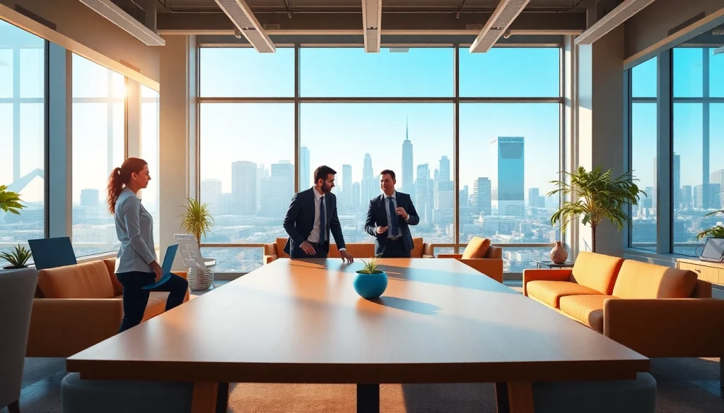 Business professionals collaborating in a modern office workspace with a focus on teamwork.