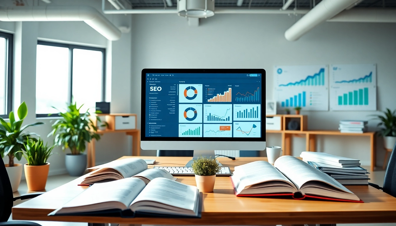 Analyze SEO techniques in a modern office setup with dashboards and SEO books.