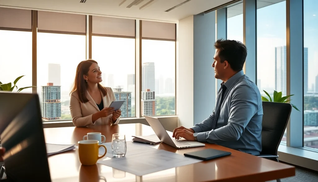 Engaging meeting about properties at https://newdeveloperlaunch.sg featuring a real estate agent and clients.