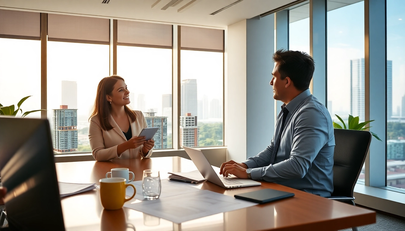 Engaging meeting about properties at https://newdeveloperlaunch.sg featuring a real estate agent and clients.