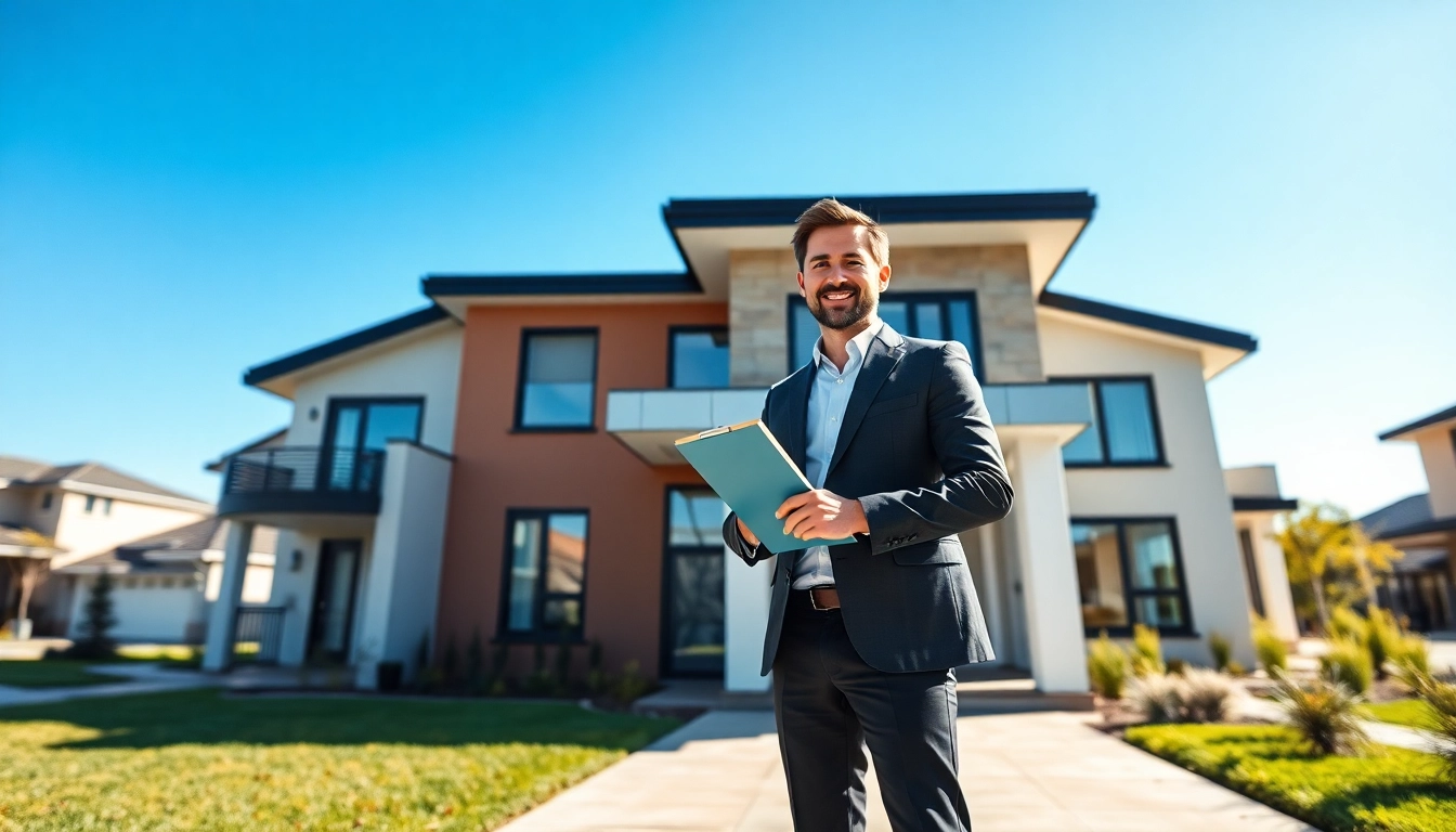 Real Estate agent presenting a beautiful home, showcasing modern living in an inviting neighborhood.