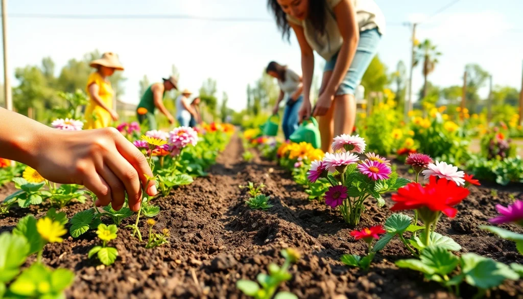 Gardening enthusiasts nurturing their plants in a vibrant community garden filled with colorful flowers.