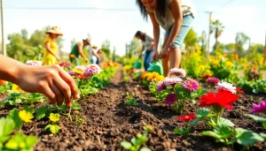 Gardening enthusiasts nurturing their plants in a vibrant community garden filled with colorful flowers.