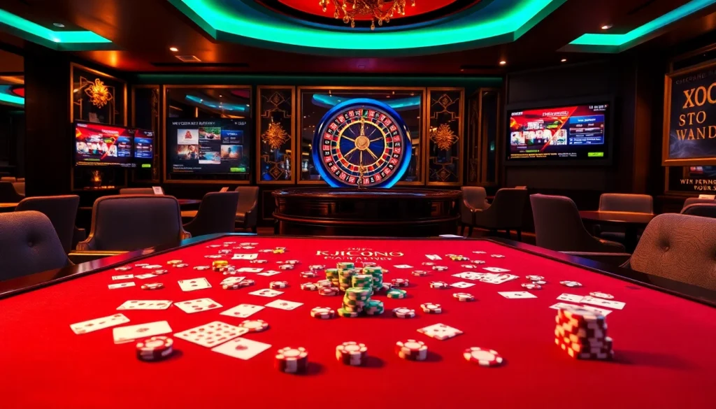 Experience high-stakes gaming at KJC COM, featuring vibrant casino tables and thrilling roulette wheels.