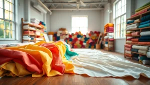 Bekijk katoenstoffen in een stijlvolle textielstudio met verschillende kleuren en texturen.