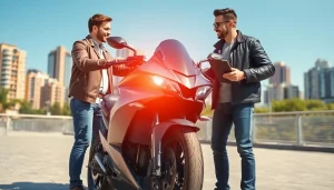 Motorrad Verkaufen Ankauf: Enthusiastic buyer examining a motorcycle in an urban setting.