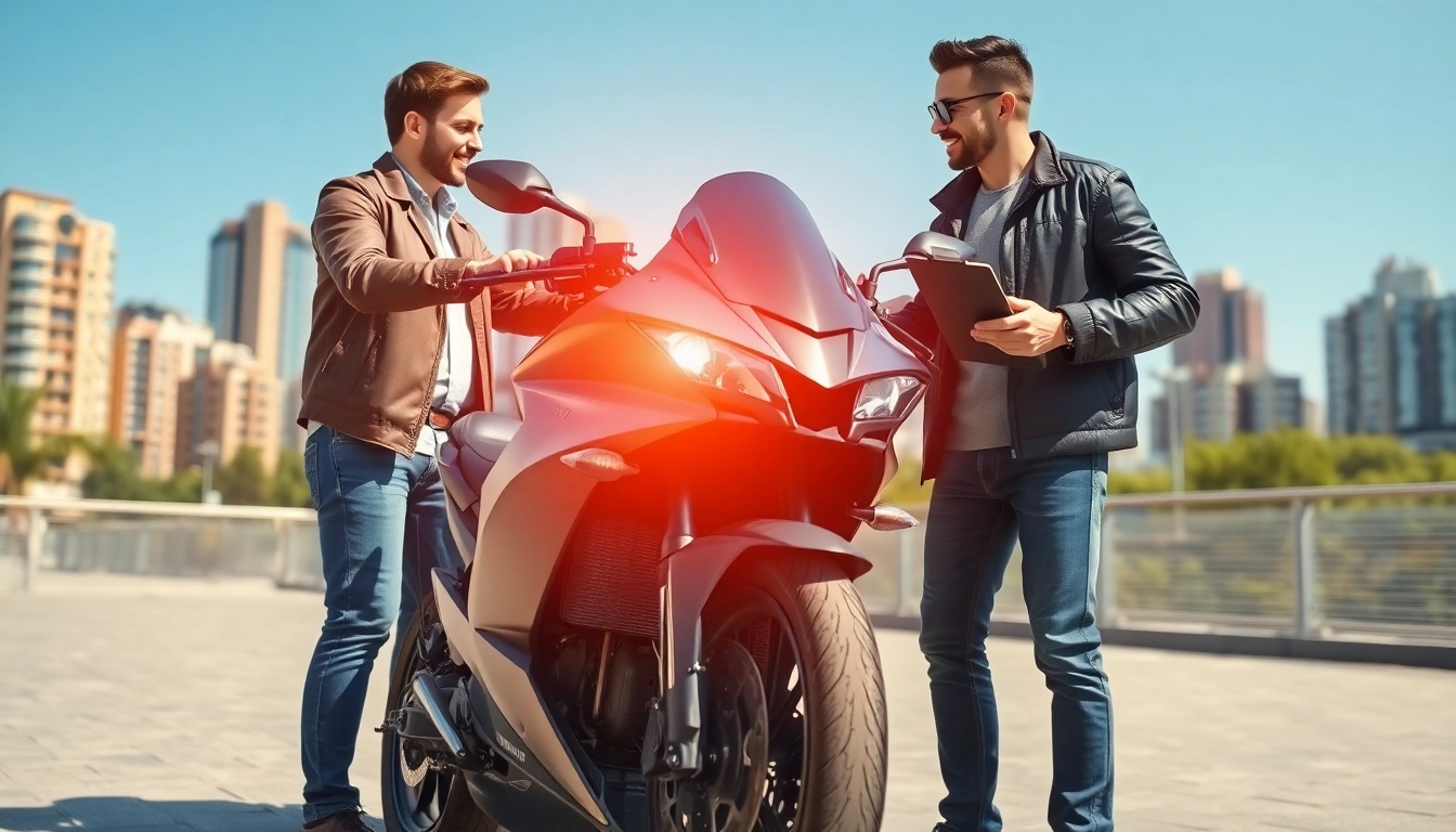 Motorrad Verkaufen Ankauf: Enthusiastic buyer examining a motorcycle in an urban setting.