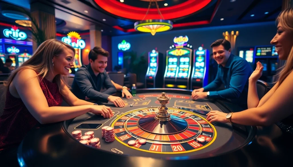 Players enjoy thrilling casino games at Rio, with roulette, poker chips, and experiences of victory.