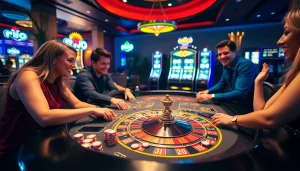 Players enjoy thrilling casino games at Rio, with roulette, poker chips, and experiences of victory.