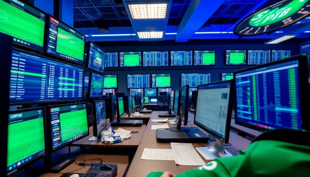 Explore top sportsbooks in Manitoba through a vibrant betting scene showcasing screens and sports jerseys.