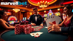 Marvelbet poker game showcasing high-stakes play with chips and cards.
