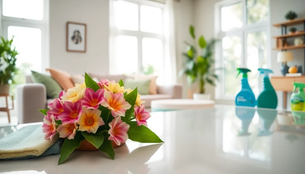 Showcasing a cleaning service in a neatly organized living room with bright decor.