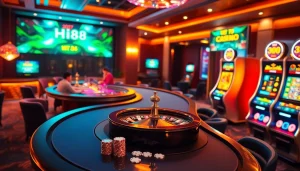Hi88 casino scene with a poker table, vibrant lights, and engaging slot machines.