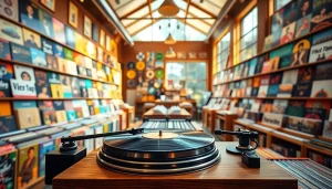 Buy vinyl India showcased by diverse selection in a vintage record store atmosphere.