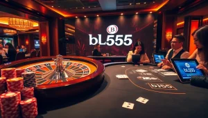 Experience the thrill of Bl555 with a vibrant casino scene showcasing roulette, poker chips, and stylish gameplay.