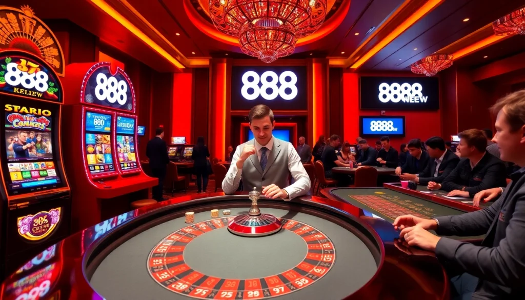 Players enjoying a thrilling gaming experience at the 888NEW casino, with roulette and blackjack tables.