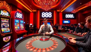 Players enjoying a thrilling gaming experience at the 888NEW casino, with roulette and blackjack tables.