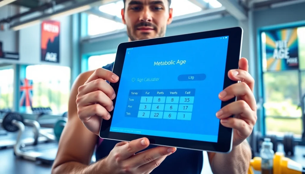 Calculate metabolic age using a metabolic age calculator displayed on a tablet by a fitness enthusiast.