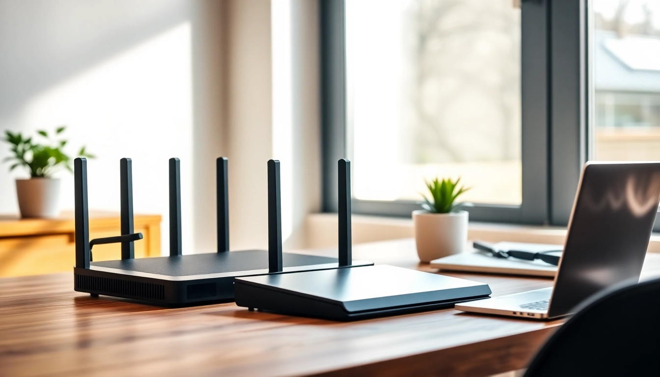 Setting up a VPN router UK in a home office with modern tech design and natural lighting.