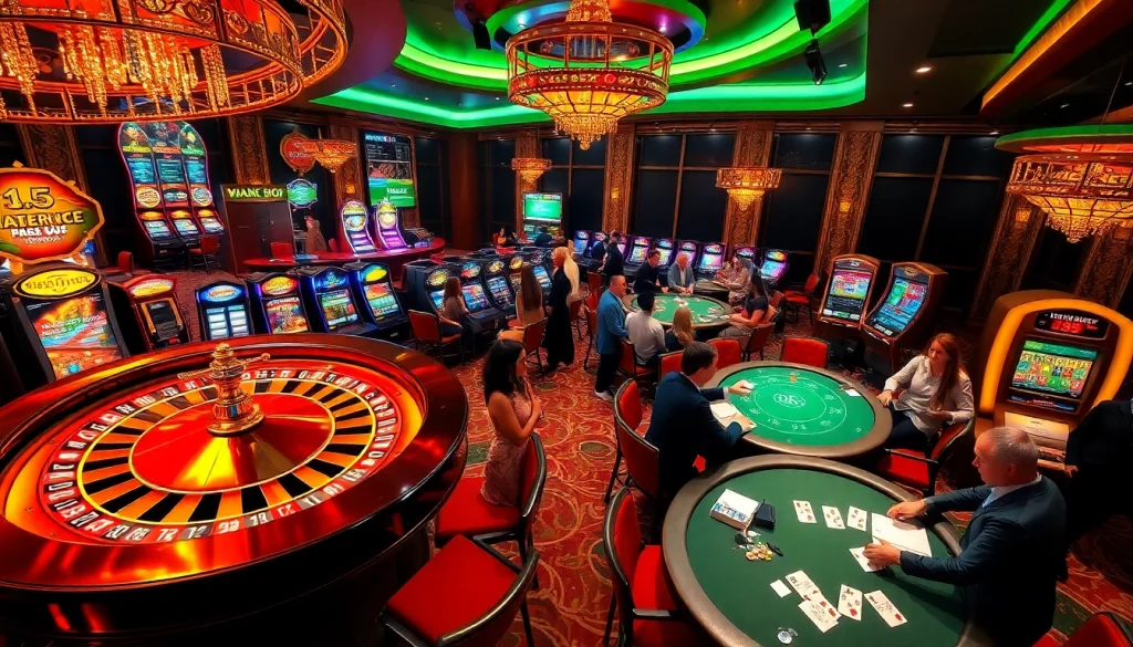 Engaging players at a luxurious casino with roulette and card games, showcasing 9Dbet excitement.