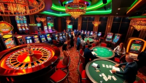 Engaging players at a luxurious casino with roulette and card games, showcasing 9Dbet excitement.