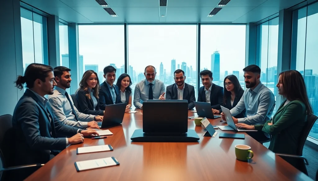 Collaborative business meeting in a modern office showcasing teamwork and technology.