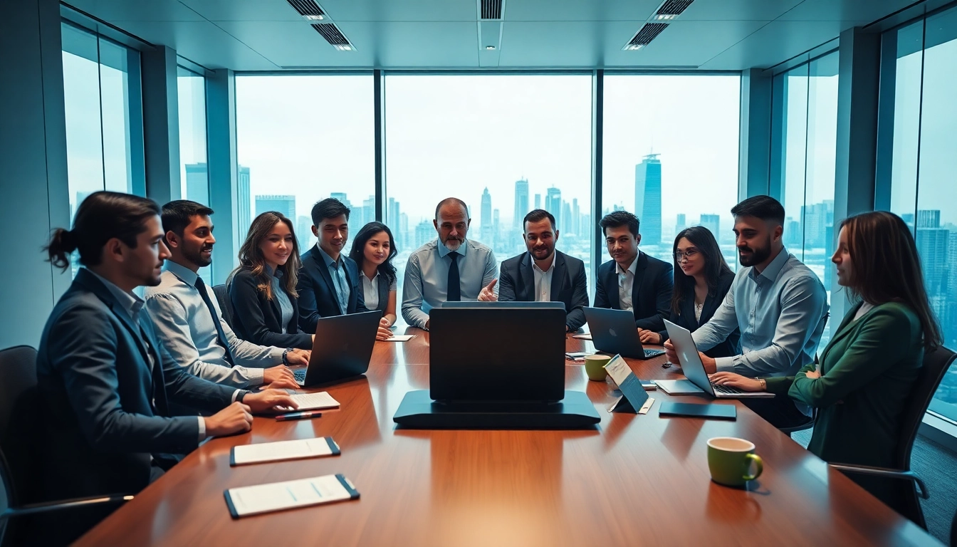 Collaborative business meeting in a modern office showcasing teamwork and technology.