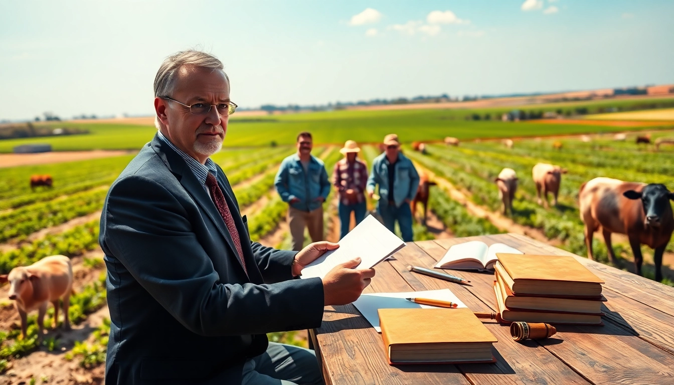 Engaging scene depicting agriculture law attorney advising farmers on legal matters.