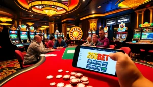 Intense gambling action at 255BET poker table with players and vibrant casino atmosphere.