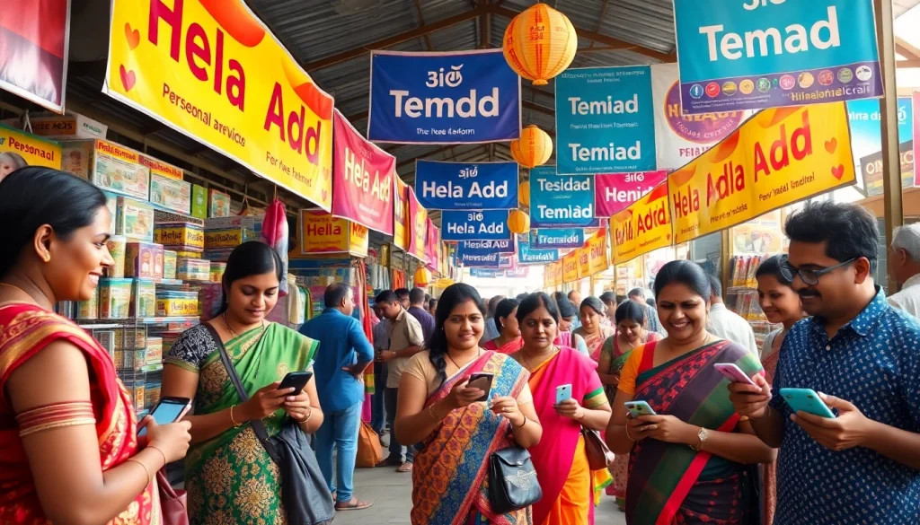 An engaging marketplace scene emphasizing Hela Add with vibrant colors, community interaction, and personal ads in Sri Lanka.