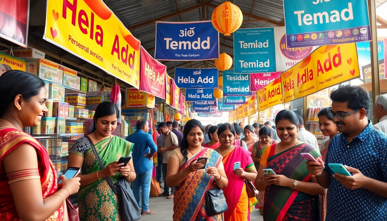 An engaging marketplace scene emphasizing Hela Add with vibrant colors, community interaction, and personal ads in Sri Lanka.