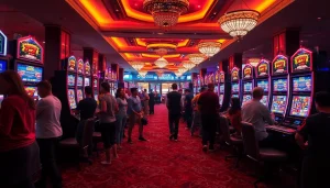 Players enjoying a doaslot slot machine on a vibrant casino floor.