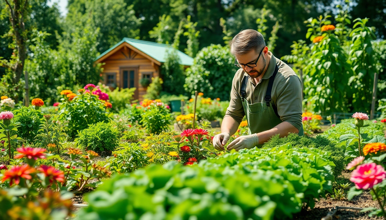Gardening enthusiast nurturing a thriving vegetable garden with colorful plants and flowers.