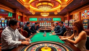 Experience the excitement at MMOO Casino with vibrant gaming tables and enthusiastic players.