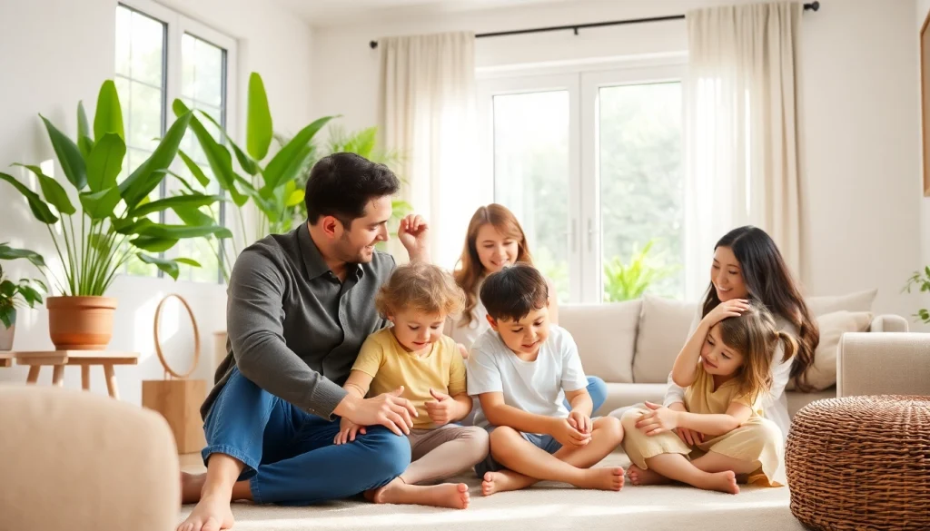 Families thriving in a harmonious living space at https://sicherlebensraum.de with eco-friendly design elements and joyful interaction.