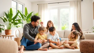 Families thriving in a harmonious living space at https://sicherlebensraum.de with eco-friendly design elements and joyful interaction.