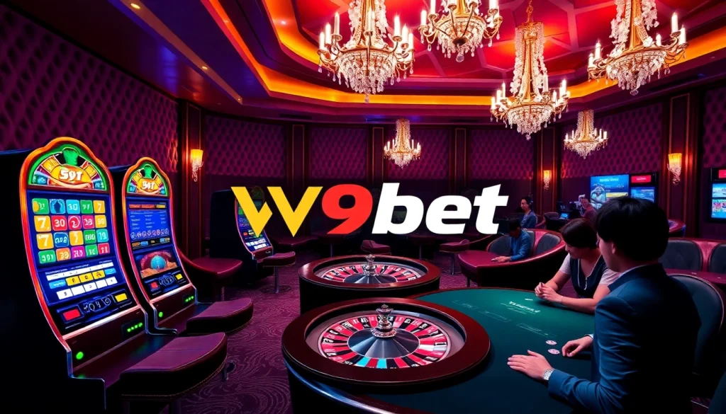 V9bet players winning at a modern casino interface with vibrant slot machines