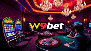 V9bet players winning at a modern casino interface with vibrant slot machines