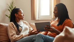 Couple engaging with sex AI technology in a cozy, modern setting.