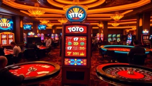 Players engaging at a vibrant toto slot machine in a luxurious casino setting, showcasing excitement and high energy.