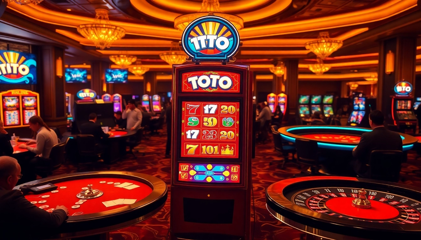 Players engaging at a vibrant toto slot machine in a luxurious casino setting, showcasing excitement and high energy.