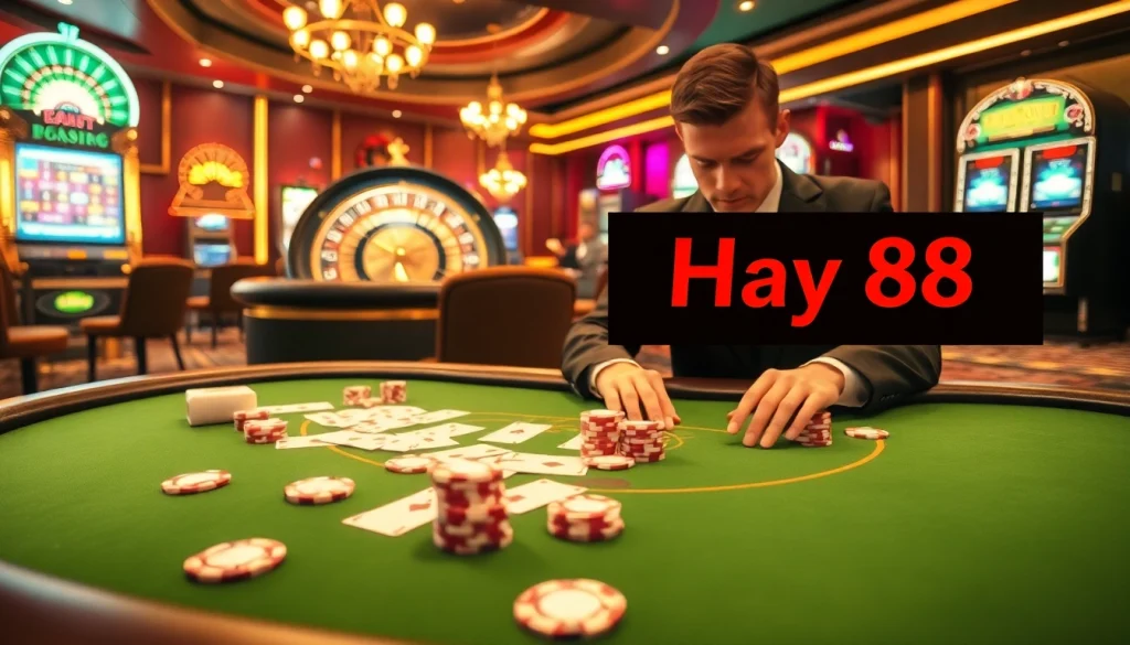 Gambling excitement at Hay 88's luxurious casino table with poker chips and cards.